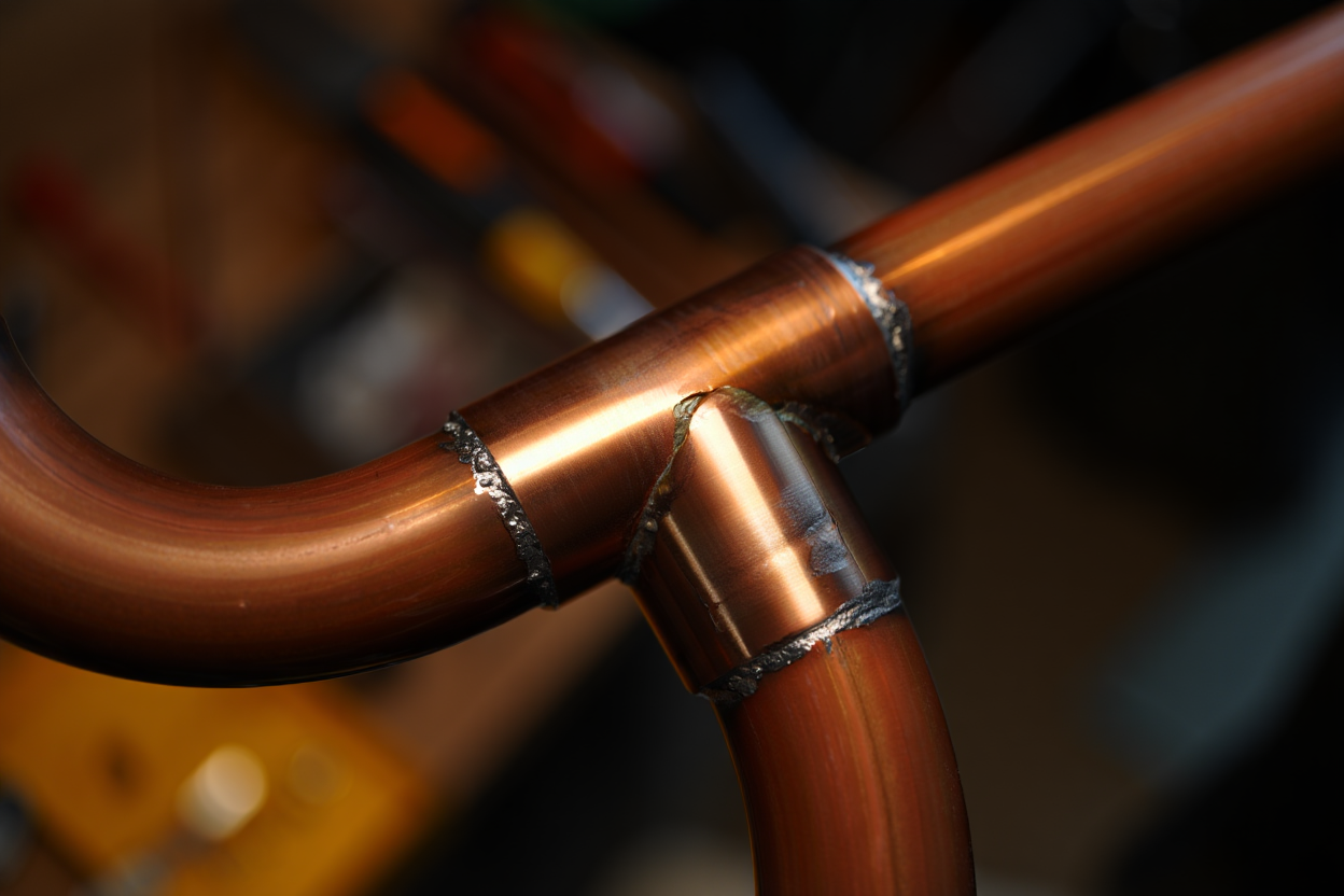 Yeni lehimlenmis bakir boru T-baglanti noktasi yakin cekim