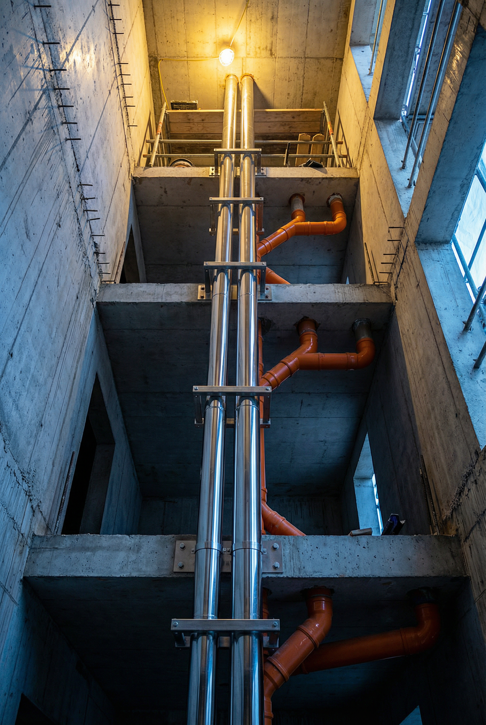 Cok katli binada dikey drenaj borusu hatti yukari bakis acisi