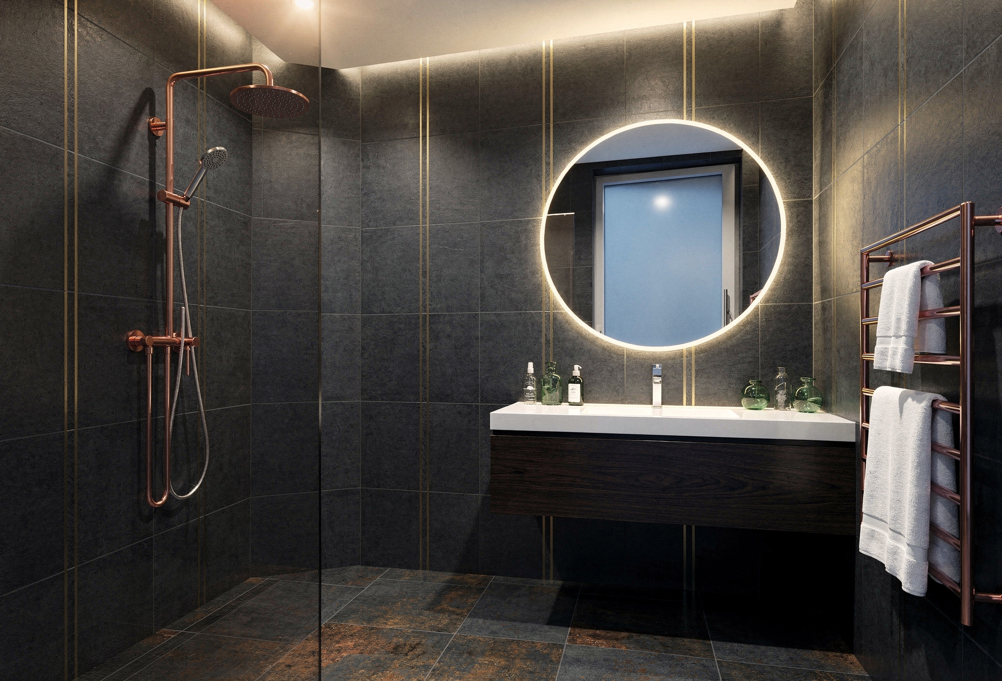 Bakir detayli luks modern banyo yenileme projesi tamamlanmis gorunum